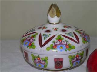   BOHEMIAN HAND PAINTED ENAMEL CRYSTAL CRANBERRY OVERLAY BOX CANDY DISH