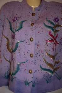 Sz M Purple PAINT SPLATTER Sequin WHIMSICAL Floral Print INDIGO MOON 