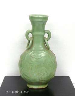 Chinese Porcelain Celadon Green Deer Ring Vase fs158A  