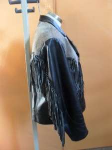 Black Leather Fringed Jacket With Calf Hair Yoke Size 42  