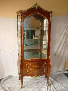 FRENCH DISPLAY CHINA CABINET CURIO VITRINE FLORAL INLAY  