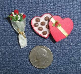 Dollhouse miniature ~ Chocolates in Heart Box & Flowers Handcrafted 