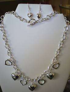 SILVER TONE CHOKER NECKLACE & EARRINGS HEARTS 18 inches  