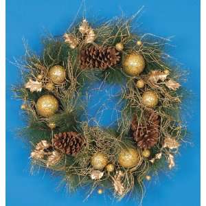   Gold Glitter Wreath with Pine Cones, Gold Balls, and Gold Glittered