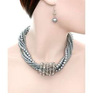  Clustered Silver Gray Pearl Crystals Fashion Necklace Set 
