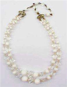Vintage Milk Glass & Crystal Beaded Necklace ~16  