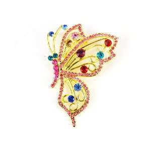 Rainbow Blue Red Color Pink Cartoon Crystals Rhinestone Butterfly Pin 