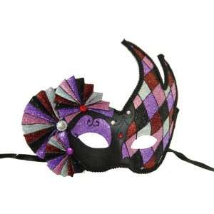  Harlequin Black And Purple Half Mask With Fans