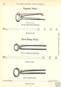 FARRIER HORSE SHOEING PINCER ANTIQUE 1896 CATALOG AD  