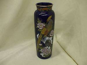 VASE COBALT BLUE WITH PEACOCK DESIGN PAINTING 9 1/2 MADE IN JAPAN 