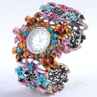 Vintage Colorful Crystal Flower Watch Bracelet Bangle Fashion Bronze 