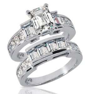 com 14K White Gold Emerald & Princess Cut Diamond Matching Bridal Set 