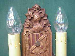 PAIR 1920 ARTS & CRAFTS SCONCES~ KNIGHTS ~ SHIELDS ~ CROWNS ~ RE WIRED 