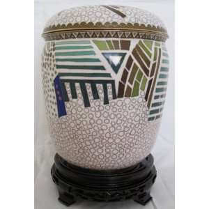  9 1/2 Beijing Cloisonne Cremation Urn White with Green 