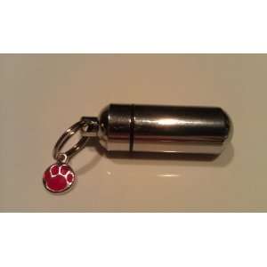 Pet Cremation Urn Keychain with Red & Silver Paw   Includes Velvet 