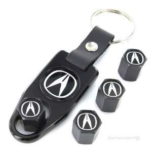   Acura Black Logo Black Tire Valve Caps + Wrench Key Chain Automotive