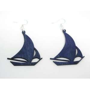  Evening Blue Sailboat Wooden Earrings GTJ Jewelry