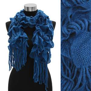 Woven Ruffle Knit Scarf with Fringe Blue  