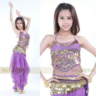 Belly Dance Costume Peppers Top Bra With Gold Wavy Harem Pants Skirt 