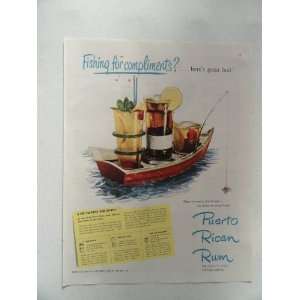  Rican Rum, Vintage 50s full page print ad (fishing boat with drinks 