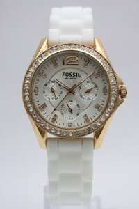 Fossil Riley Rose Gold Case Multifunction White Rubber Women Watch 