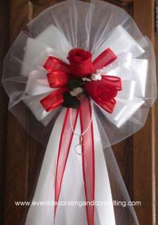 RED ROSES WHITE Satin Ribbon Pew Bows for Occasions  