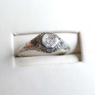 Filigree Old Mine Cut Diamond, 14kt White Gold. Antique Ring.  