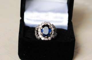 14K WHITE*GOLD+DIAMOND+OVAL 7.5 CT BLUE SAPPHIRE*Ring  