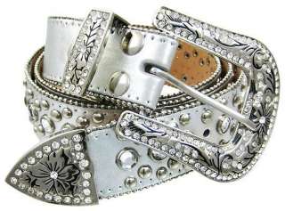Crystal Rhinestone Studded Silver Leather Western Belt Size L Color 