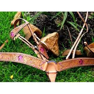  BRIDLE BREAST COLLAR WESTERN LEATHER HEADSTALL PINK CROSS 