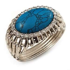   Vintage Oval Shape Turquoise Crystal Hinged Bangle Bracelet Jewelry