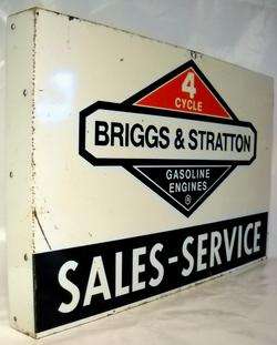 VINTAGE BRIGGS & STRATTON GAS ENGINES TIN 2 SIDED FLANGE SIGN  