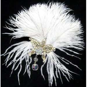 NEW Ivory Ostrich Feather with Vintage Orchid Jewelry Hair Flower Clip 
