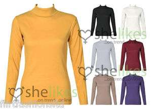   Long Sleeve Rib Polo Neck Tops Ladies Ribbed Stretch Turtle Jumper Top
