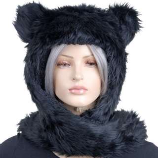 KH1901 Cute Faux Fur Warm Winter Black Headdress Scarf Hat Cap  