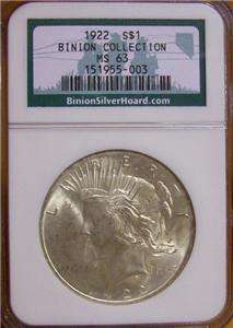 1922 Silver Peace Dollar NGC MS 64 Binion Hoard US Coin 