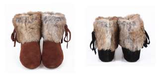 NEW Genuine Leather Rabbit Fur Ankle Boots Flats Shoes 2 Colors US 6~8 