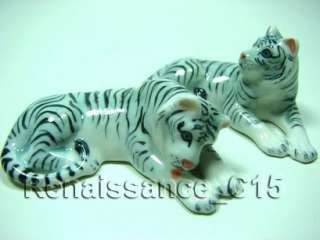 Figurine Miniature Animal Ceramic Statue 2 White Tigers  