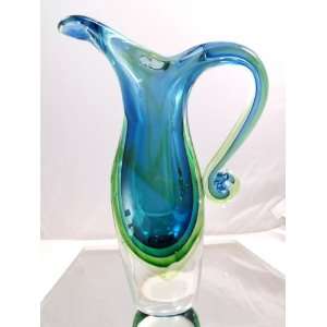  Murano Glass Vase Mouth Blown Art Emerald Sommerso Pitcher 
