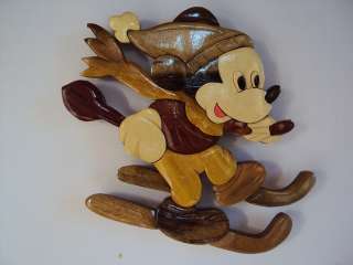 Hand Carved Wood Art Intarsia Mickey Mouse Ski Wood sign Wall Plaque 