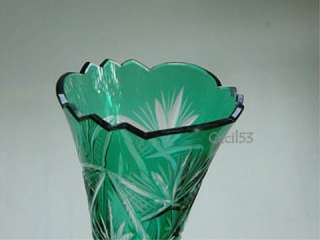 GREEN GLASS CUT TO CLEAR SAWTOOTH BOHEMIAN VASE  