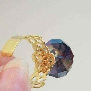 Handmade ring goldtone lacy humongous purple AB crystal adjustable 