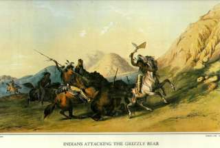 OLD PRINT INDIAN HUNTER GRIZZLY BEAR SPEAR HUNT HORSE  
