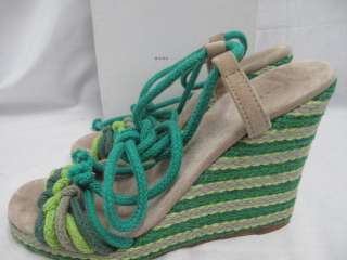 Marc Jacobs Green/Beige Stripe Espadrille Ankle Rope Wrap Wedges 37 