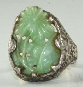 ANTIQUE STERLING SILVER CHINESE CARVED JADE RING  