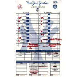  Mariners at Yankees 5 02 2008 Game Used Lineup Card (MLB 