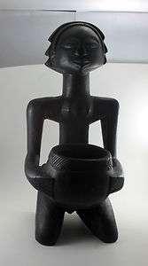 Antique Luba Tribe Congo Carved Wood Female Figure Statue Holding Bowl 