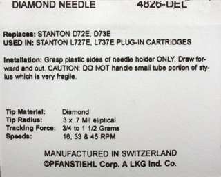 Pfanstiehl 4826 DEL Generic Stanton D72E, D73E needle    