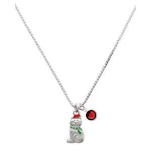  2 D Christmas Cat with Red Hat Charm Necklace with Siam 