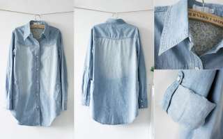   Vintage Pearl Buckle Long Sleeve Jean Denim Shirt Tops Blouse Jrm